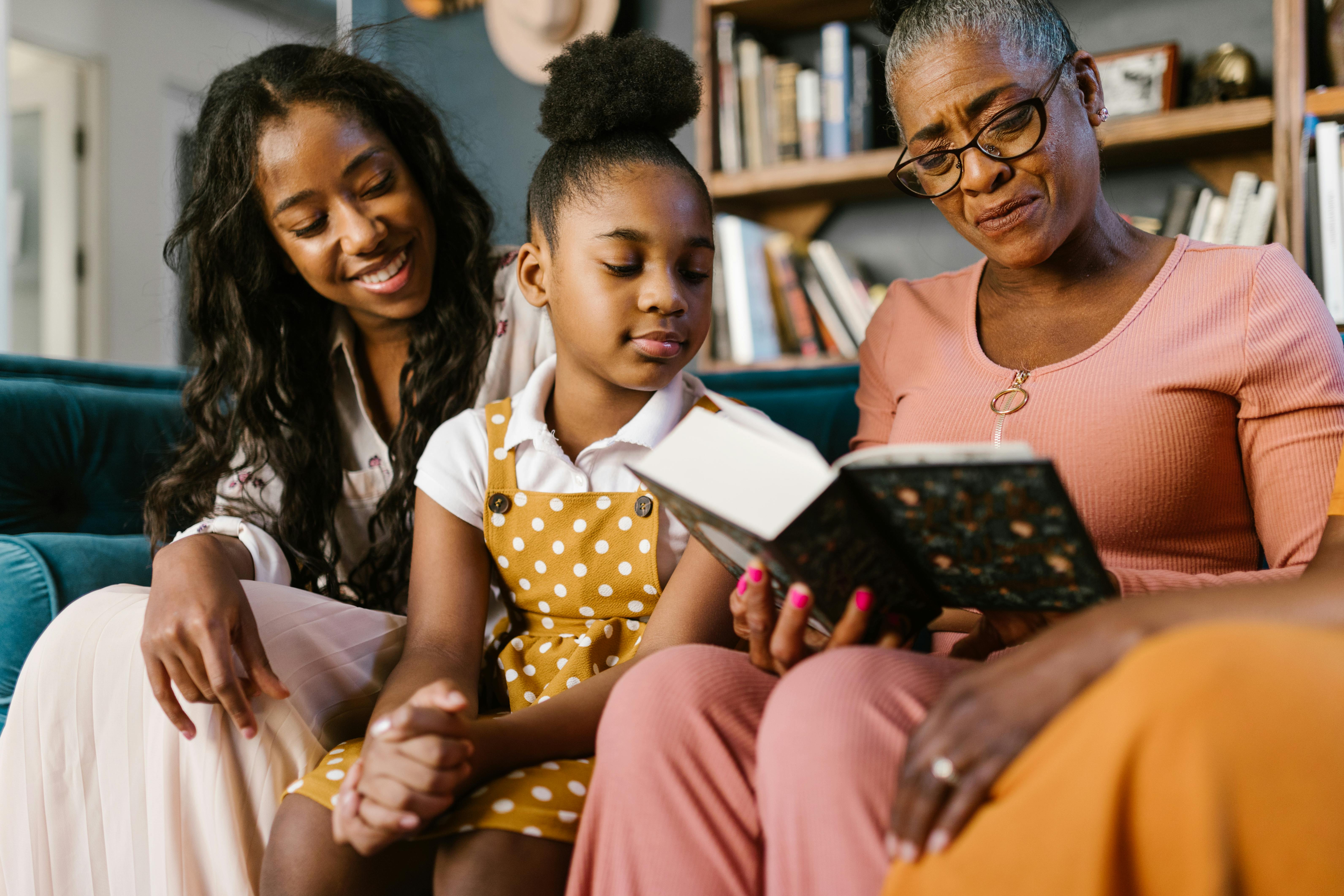 family reading with grandmother